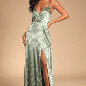 Forever Exquisite Sage Green Satin Surplice Maxi Dress